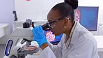 Medical, microscope and laptop with black woman, research and dna experiment in a laboratory. Healthcare, computer and scientist with results, data analysis and expert with a test, bacteria or sample