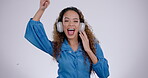 Face of woman, headphones and dance in studio for freedom, celebrate party and energy on white background. Portrait of happy model dancing to music, streaming sound and listening to audio on radio 