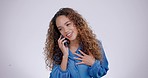 Phone call, smile and woman with communication, contact and conversation on white studio background. Happy person, girl or model with a smartphone, connection and chatting with discussion and talking