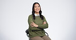 Smile, face and a woman with arms crossed on a white background with corporate pride. Happy, young and portrait of an employee with confidence while working in business isolated on a backdrop