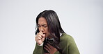 Sick, cough and woman in studio with pain in chest, cold and bacteria of virus on white background. Model coughing for asthma attack, tuberculosis and sore throat of allergy, influenza and pneumonia