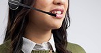 Call center, consulting and networking with mouth of woman in studio for customer service, technical support and conversation. Smile, contact us and sales with closeup of person on white background