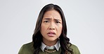 Confused, face and woman in studio with glasses for choice, decision or ask on grey background space. Portrait, wtf and asian female model with questions, doubt and why emoji for omg, thinking or huh