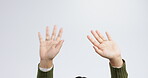 Hands, wave and sign for hello, goodbye or friendly greeting on white background in studio or communication with body. Hand gesture, person or expression of welcome, farewell or waving for attention