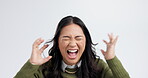 Anger, stress and screaming with woman in studio for anxiety, burnout and challenge. Mental health, noise and mistake with person and crisis on white background for failure, frustrated and shouting