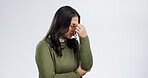 Headache, stress and thinking with woman in studio for anxiety, burnout and challenge. Mental health, sad and mistake with person and crisis on white background for failure, frustrated and tired