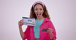 Happy woman, credit card and flight tickets in travel booking or payment against a studio background. Excited female person with airport documents, boarding pass or holiday getaway in online shopping