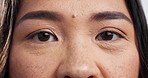 Eyes, face closeup and woman with skincare, lashes and vision exam for optical test. Portrait, microblading and eye care of a person from Hawaii with eyebrow treatment results with dermatology 