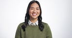 Face, funny and Asian woman with a smile, business and laughing on a white studio background. Portrait, Japanese person and model with happiness, cheerful and humor with a joke, joyful and formal