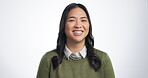 Woman, laughing and face isolated by white background in studio for education, learning or professional worker joke. Smile, portrait or funny Indonesian school teacher on kindergarten mockup space 