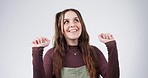 Happy, excited and woman on a white background dance for celebration, freedom and party. Happiness, fashion and portrait of isolated person dancing to music with energy, smile and success in studio