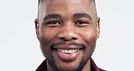 Happy, smile and face of a black man in a studio with dental care, hygiene or wellness. Happiness, excited and portrait of a positive young African male model with oral health by white background.