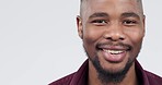Happy, face and black man laugh in studio for comedy, vibes or good mood on grey background space. Smile, portrait and African guy laughing at comic, joke or funny, silly humor or positive attitude
