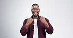 Success, motivation and happy with face of black man in studio for celebration, giveaway and winner. Support, award and goal with portrait of person on white background for game and promotion