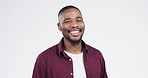 Face, smile and black man with wink in studio for flirting, personality or player persona on grey background. winking, portrait and African male model with emoji eye gesture for greeting or thank you