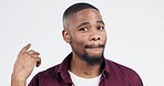 Portrait, black man and mouth zip in studio for secret, gossip or privacy on white background. Confidential, news and portrait of model with emoji for quiet, gesture or trust with promise of silence