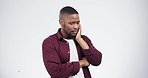 Stress, depression and sad black man in studio with doubt, mistake or choice fail on grey background. Anxiety, disaster and African male model confused by ptsd memory, trauma and mental health crisis