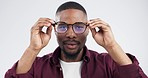 Face, glasses or black man with a smile, optometry or lens prescription on a white studio background. Portrait, African person or happy model with eyewear, clear vision or optician with healthy sight