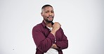 Wtf, doubt and face of black man in studio with arms crossed, offended and annoyed on white background. Portrait, attitude or African guy model with bad mood, whatever or reaction to fake news gossip