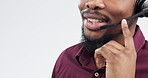 Call center, mouth and happy man, consultant or advisor talking, virtual communication or support in studio. Insurance agent, speaking on headphones and helping or contact closeup on white background