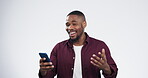 Lotto, cash and black man winning on a phone in celebration isolated in a studio white background. Wow, winner and young person happy or excited for money bonus online from mobile app or internet