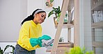 Dust cleaning, woman smile and home with wash cloth and cleaner in a living room. Bookcase shelf, female person and housekeeping in a lounge with furniture and maintenance for health and hygiene work