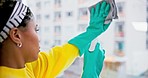 Cleaner, woman and chemical, cleaning window and hygiene with service, disinfection product and cloth to wipe. 
Hospitality, housekeeping and gloves, maintenance and janitor, house work and detergent