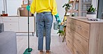 Person, back or cleaning bucket in house for hygiene routine, dirt or bacteria disinfection. Mop, container or chemical products in home living room for housekeeping service, dust or germs protection