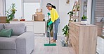 Woman, mop and dirt on living room floor for job, services and hospitality with gloves, safety or bacteria in home. Maid lady, cleaning and house for dust, paper and mess for housekeeping maintenance