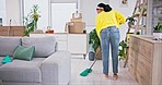 Woman, mop and dirt in home, floor or job with services, hospitality and gloves for safety from bacteria in living room. Maid, cleaning and house for dust, fresh or shine for housekeeping maintenance