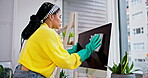 Woman, computer or cleaning screen for dust, wellness or bacteria hygiene routine in home office. Biracial person, fabric and cloth for desktop technology disinfection, dirt and virus safety in house