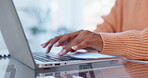 Woman, hands and typing on laptop for marketing research, website planning and copywriting in office. Creative worker person at desk working on computer, email management and editing online report