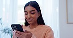 Home, happy and woman with a cellphone, typing and social media with connection, mobile games and texting. Person, app and girl with a smartphone, online reading for email notification and contact