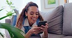 Home, relax and woman on a couch, cellphone, typing and connection for social media, website info and online reading. Person, chatting and happy girl with cellphone, mobile app and search internet