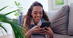 Woman, sofa and relax with phone for funny communication, social media scroll and networking at home. Young african person on mobile for chat, internet search and meme or subscription on her couch