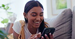 Woman, couch and relax with phone for funny communication, social media scroll and networking at home. Young african person on mobile with chat, internet search and meme or subscription on her sofa