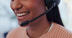 Happy woman, call center and mouth consulting in customer service, support or telemarketing at office. Closeup of female person, consultant or agent talking on headphone mic in online advice or help