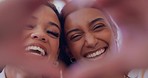 Women, selfie and heart hands by face, smile and happy for lgbtq pride with sign language, symbol or icon for love. Girl, photography and couple of friends in portrait, memory and social media post