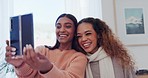 Women together with selfie, love and smile in home for social media post, memory or emoji happy face. Photography, technology and girl friends in apartment in profile picture, meme or content creator