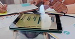 Budget, planning and business meeting with tablet by people in office for statistics, graph and review. Data, presentation and financial team online for sale, feedback or growth, chart or kpi goal
