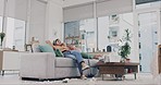 Cleaning, trash and relax with woman on sofa in living room for hygiene, housekeeping and bacteria. Chemicals, sanitary and disinfection with person in apartment home for cleaner, maid and detergent