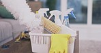 Cleaning, product and equipment with basket in living room for hygiene, housekeeping and bacteria. Tools, sanitary and disinfection with chemical in apartment home for cleaner, maid and detergent