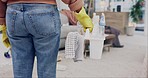 Cleaning, woman hands and back in living room for maid, housekeeper and maintenance work. Home, chemical bottle and hygiene for cleaner service and care with wash product and spray in a house lounge