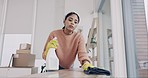 Cleaning, spray and furniture with woman in living room for hygiene, housekeeping and bacteria. Chemicals, sanitary and disinfection with person in apartment home for cleaner, maid and detergent