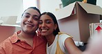 Happy couple, selfie and new house with boxes, kiss and excited for future together, investment and mortgage. Photography, man and woman embrace in living room, moving home and love in apartment.
