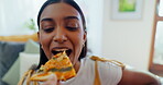 Pizza, face and a hand feeding a woman on a sofa in the living room of her apartment with pov perspective. Portrait, love and romance with a happy young girlfriend biting a slice of fast food closeup