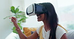 Virtual reality glasses, woman and happy in house for cyber experience, user interface or video game. Person, VR and gaming in lounge for future innovation, ui technology and simulation in metaverse