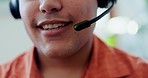 Mouth of man, telemarketing and consulting in call center for customer service, advisory help and CRM questions. Closeup, face and salesman with microphone for communication, telecom support and FAQ 