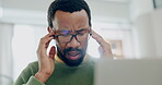 Man, remote work and headache at laptop from stress, burnout and brain fog. Face of confused african freelancer with glasses, eye strain and pain of frustrated challenge at computer in home office 