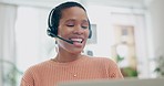 Virtual assistant, happy woman and video call on laptop in home office for sales consulting, telemarketing or IT support. African agent, computer and smile for online meeting, CRM help or remote work